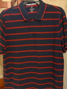 Lands' End Navy Polo with Red Horizontal Stripes